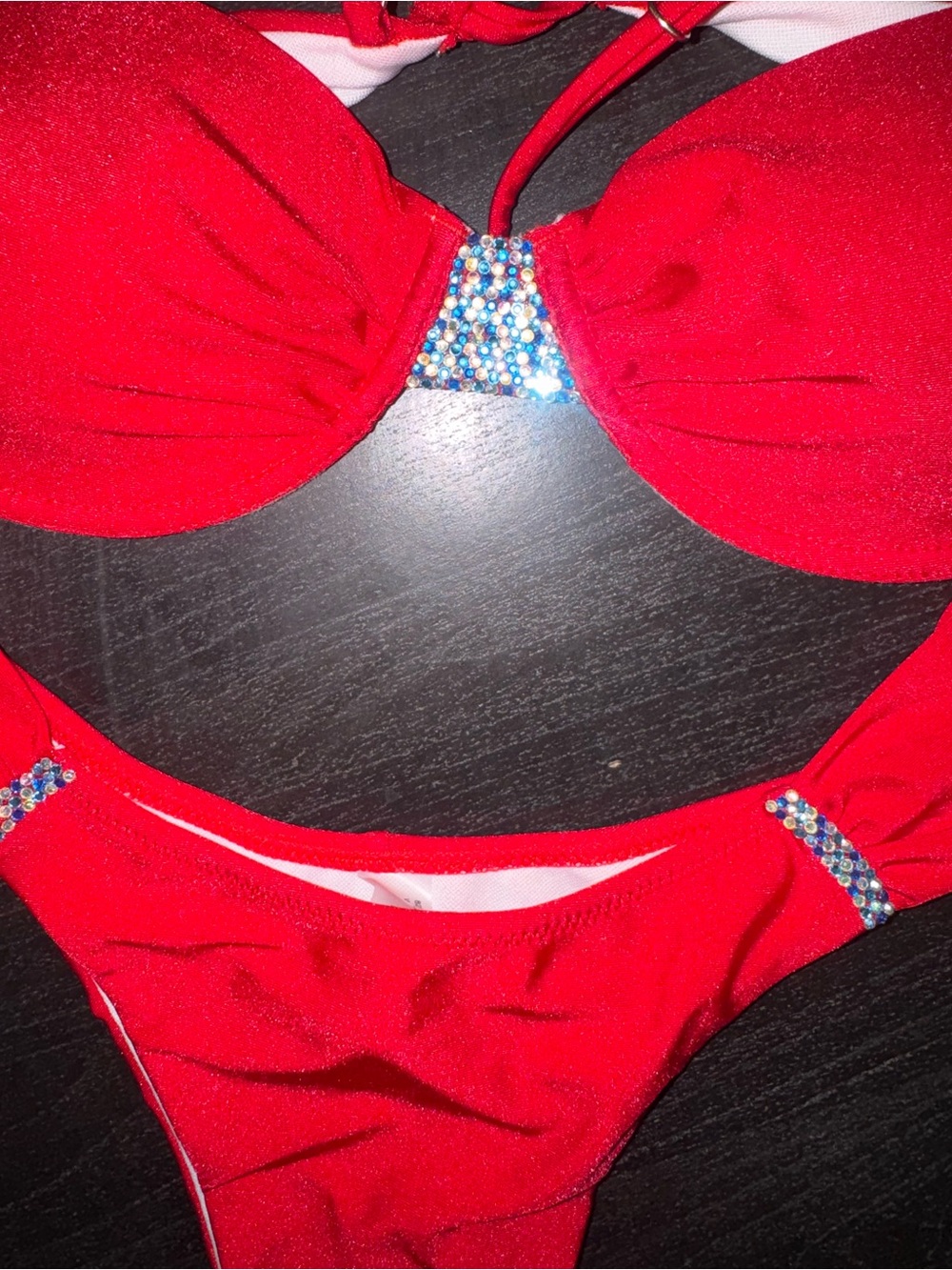 Red Rhinestone Accent Bikini Top and Bottom Set